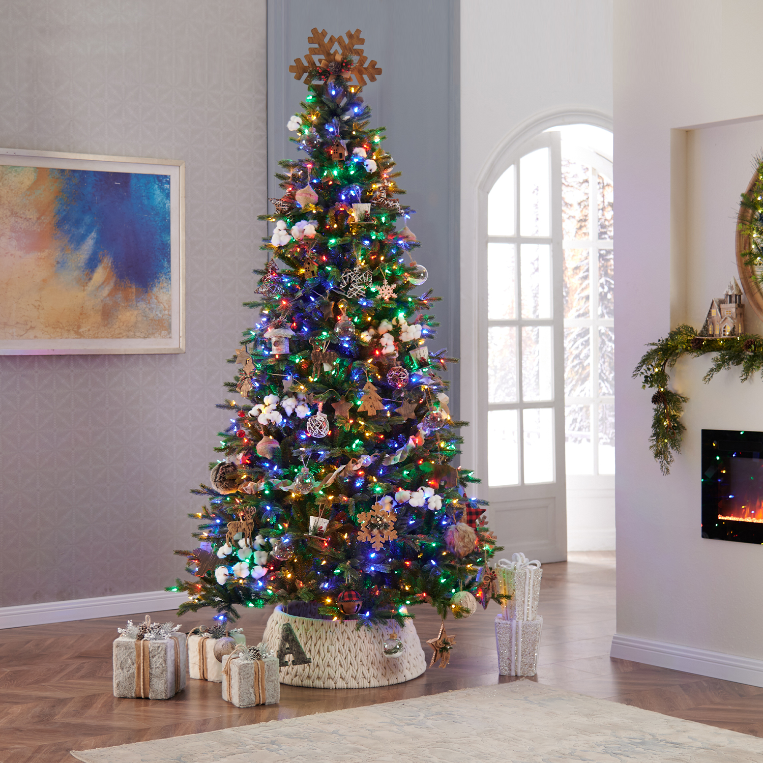 Honeywell 7ft Slim Pre-Lit Christmas Tree, Eagle Peak Pine Pencil Artificial Christmas Tree with 350 Color Changing LED Lights, Xmas Tree with 949