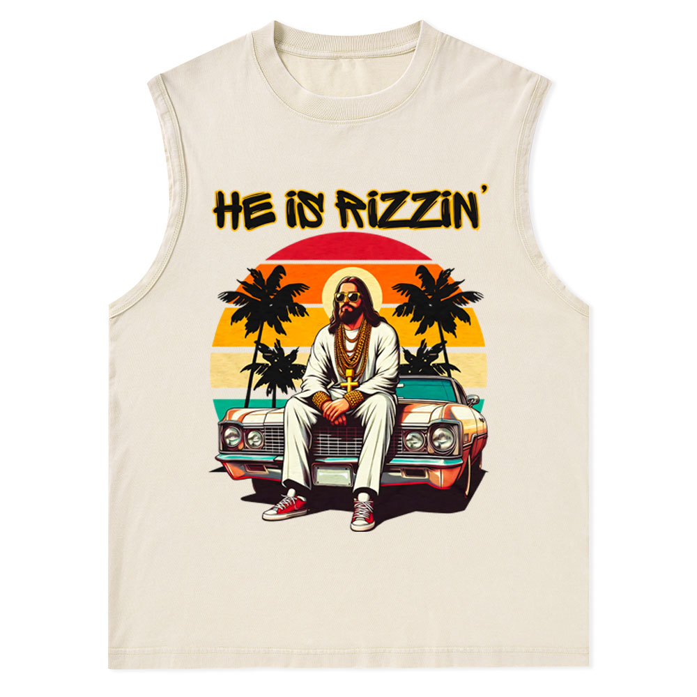 He Is Rizzen Christian Washed Tank Top