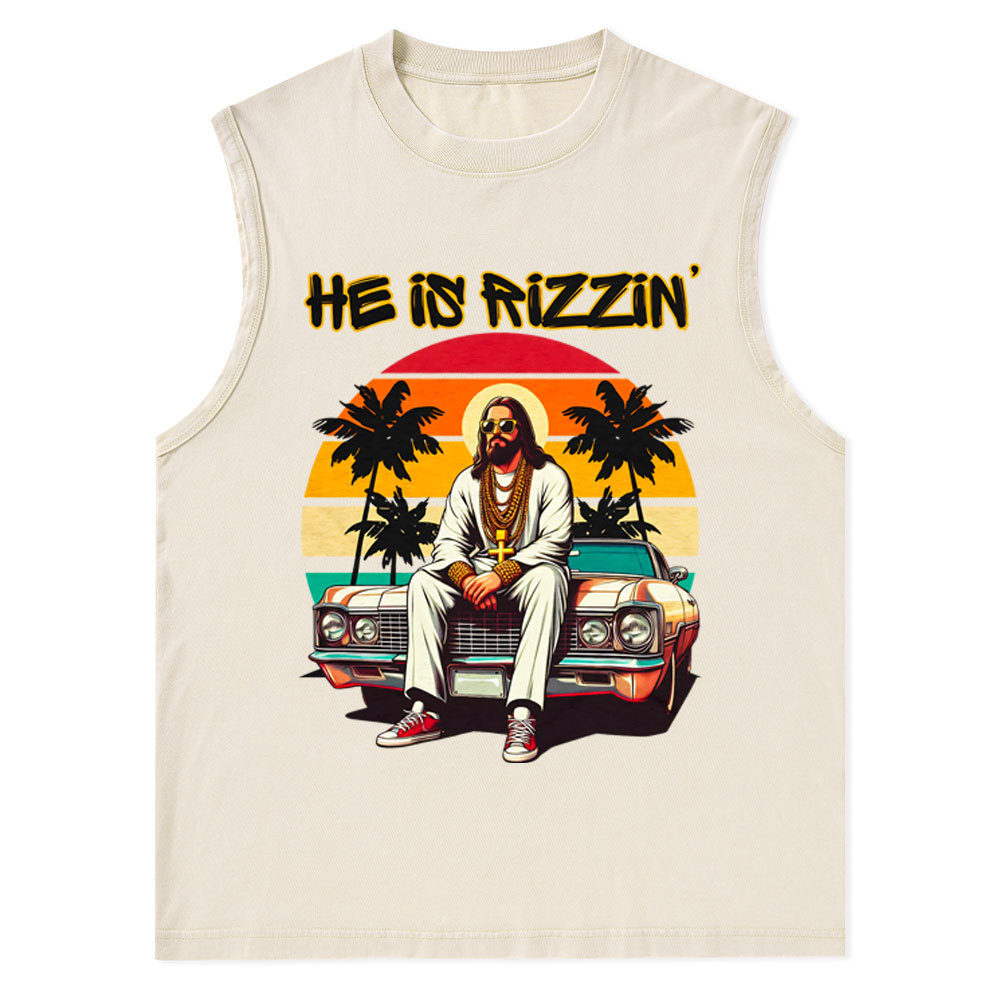 He Is Rizzen Christian Washed Tank Top