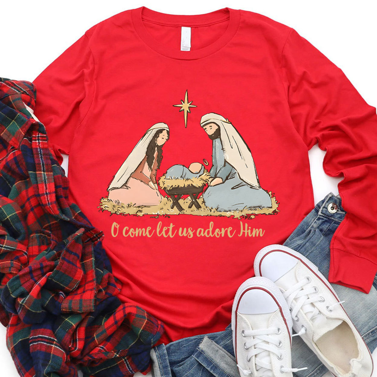 O Come Let Us Adore Him Christian Long Sleeve T-Shirt