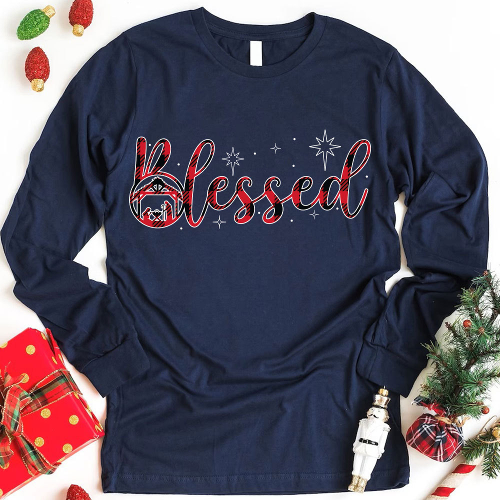 Nativity Scene Blessed Christmas Christian Long Sleeve T-Shirt