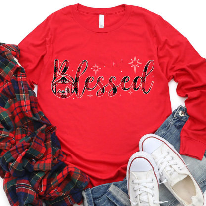Nativity Scene Blessed Christmas Christian Long Sleeve T-Shirt