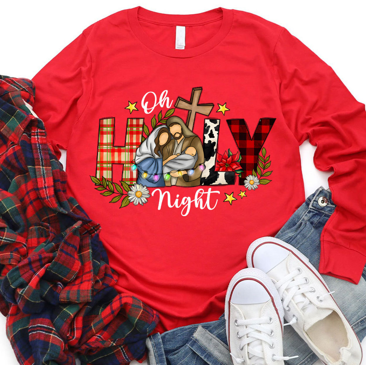 Oh Holy Night Christmas Christian Long Sleeve T-Shirt
