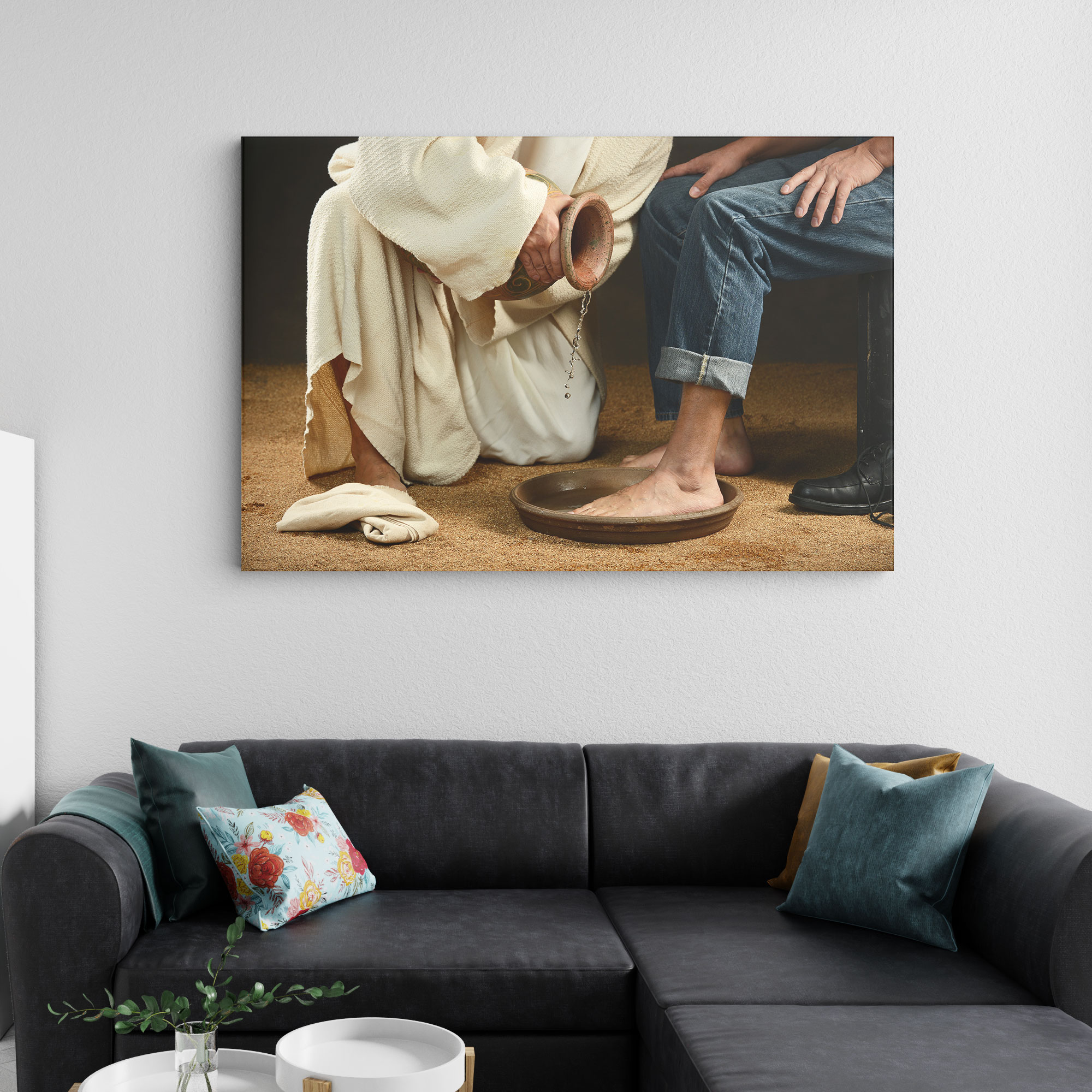 Jesus Washing Feet Of Modern Man Wearing Jeans Christian Canvas Wall Art