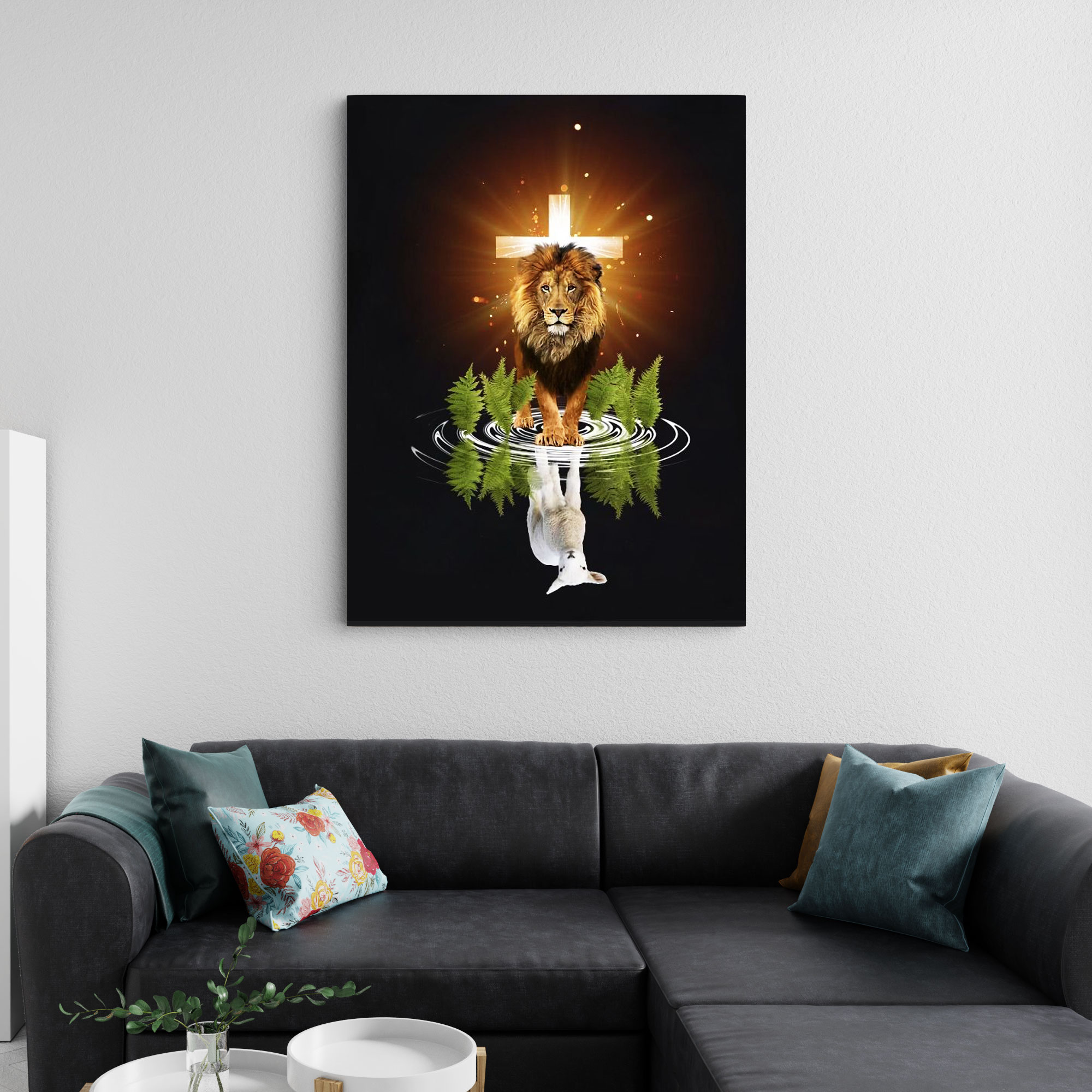 Light Cross With Lion Christian Canvas Wall Art