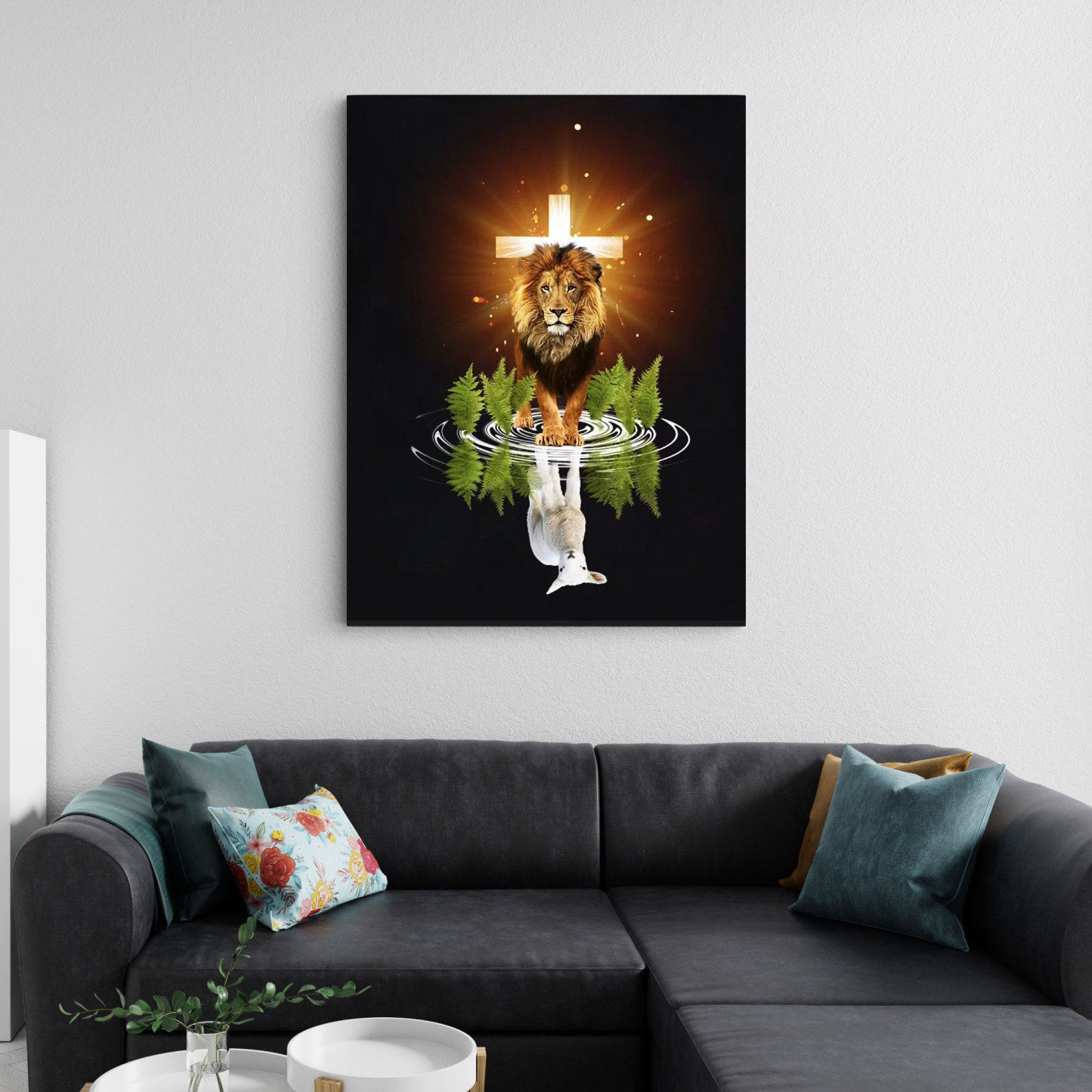 Light Cross With Lion Christian Canvas Wall Art