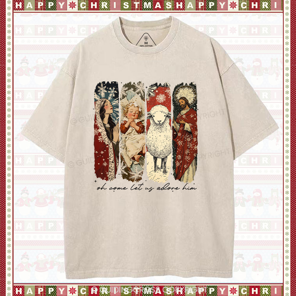 Oh Let Us Adore Him Christian Christmas Washed T-Shirt