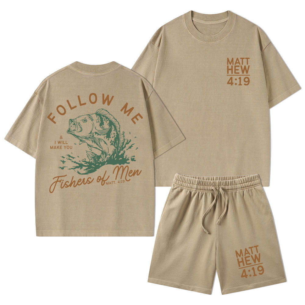 Follow Me I Will Make You Fishers Of Men' Christian Washed T-Shirt & Shorts