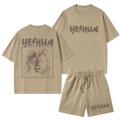 Retro Lion Yeshua Christian Washed T-Shirt & Shorts
