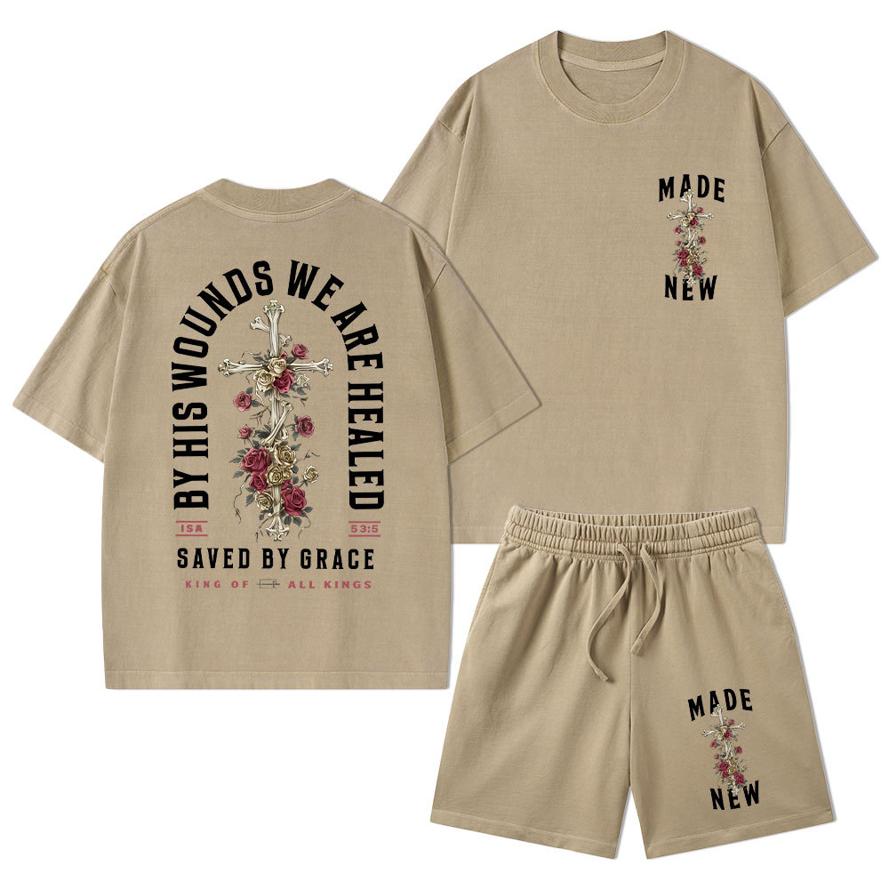 By His Wounds We Are Healed Christian Washed T-Shirt & Shorts