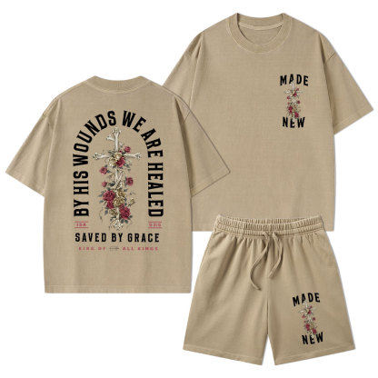 By His Wounds We Are Healed Christian Washed T-Shirt & Shorts