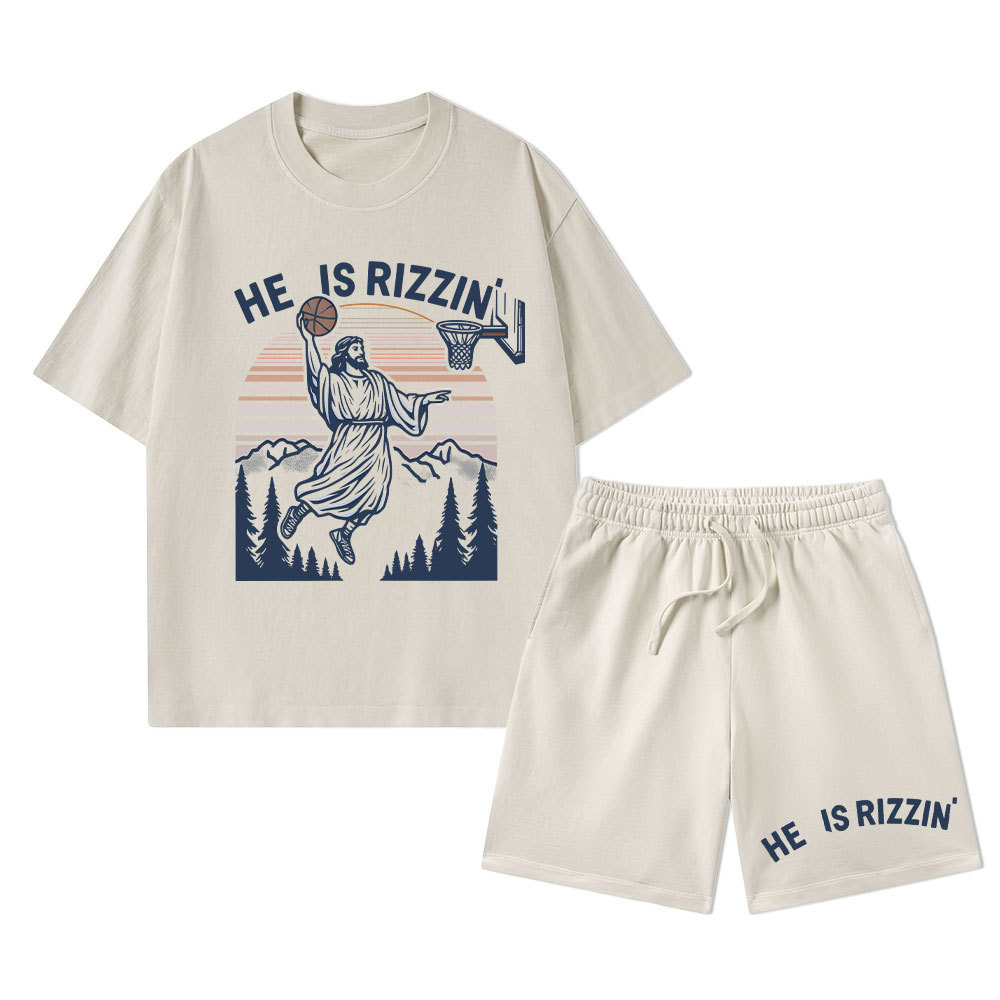 He Is Rizzen Christian Washed T-Shirt & Shorts