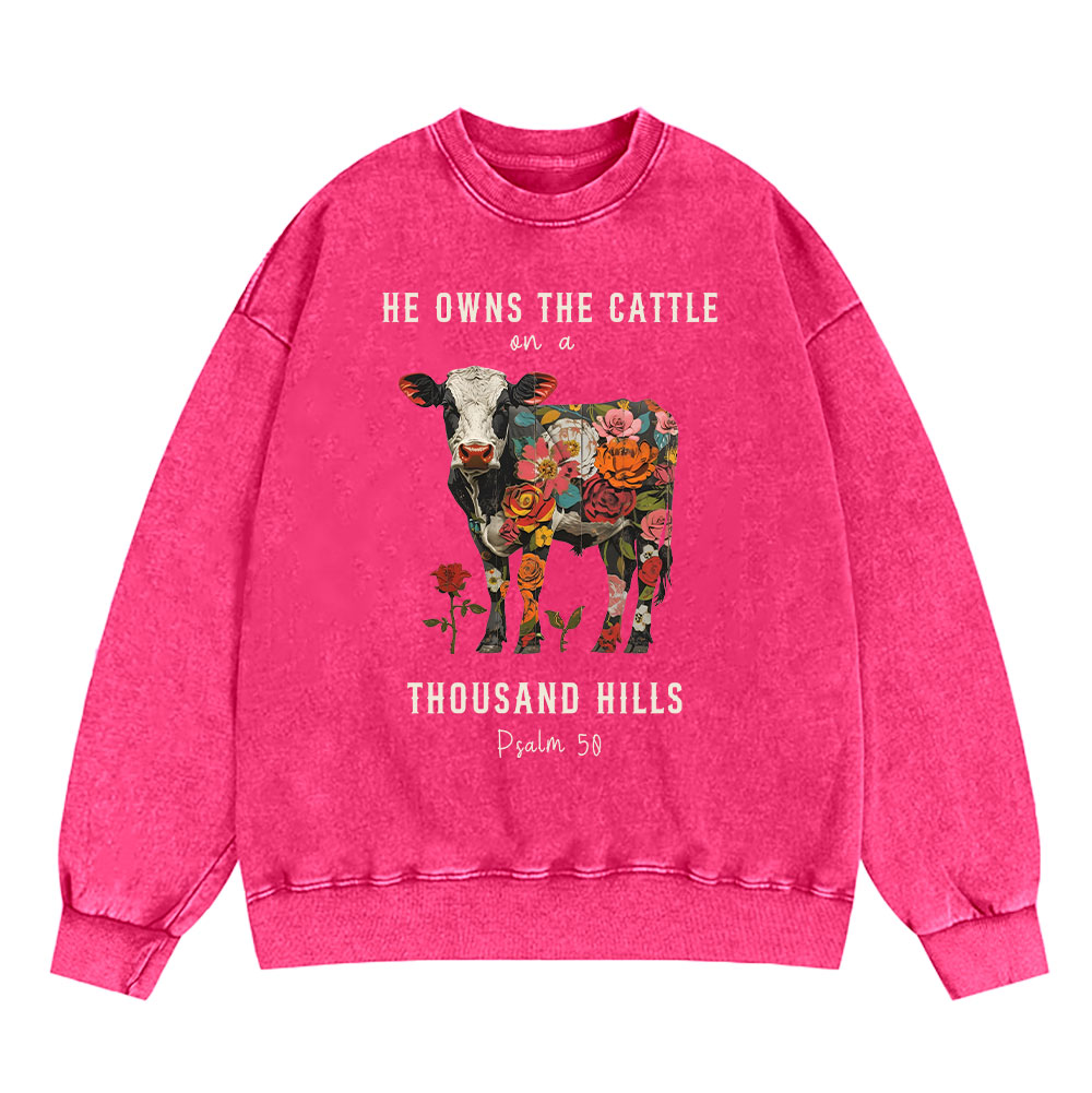 He Owns The Cattle On A Thousand Hills Christian Washed Sweatshirt