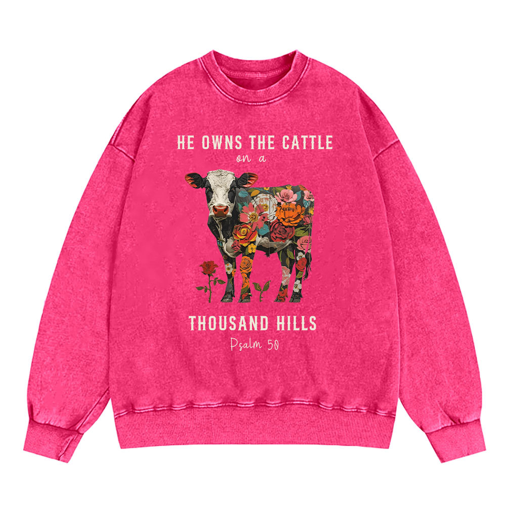 He Owns The Cattle On A Thousand Hills Christian Washed Sweatshirt