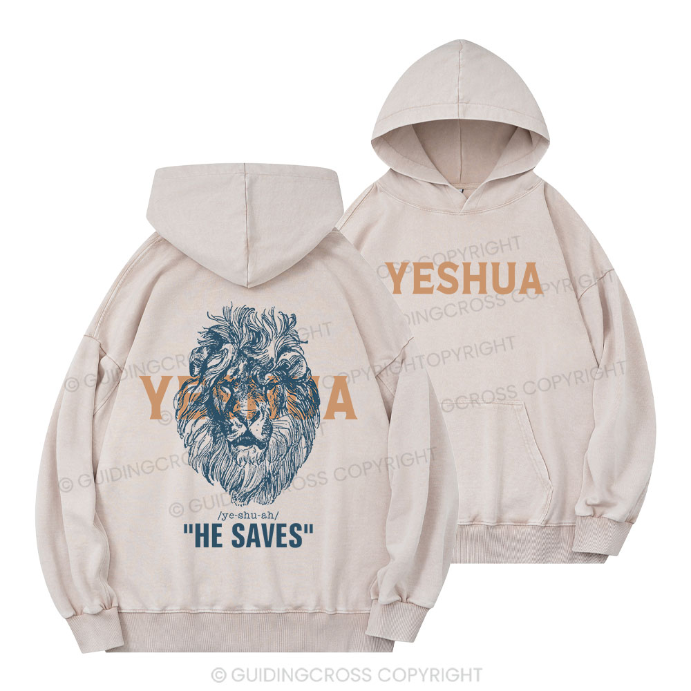 Yeshua He Saves Lion Christian Washed Hoodie 