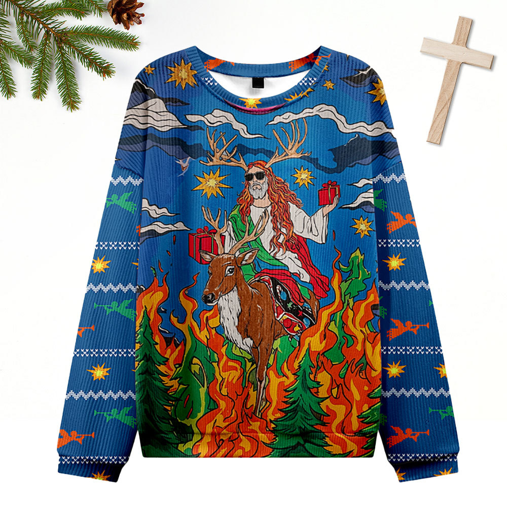 Jesus Riding A Reindeer Ugly Sweater Design Christmas Christian Sweatshirt