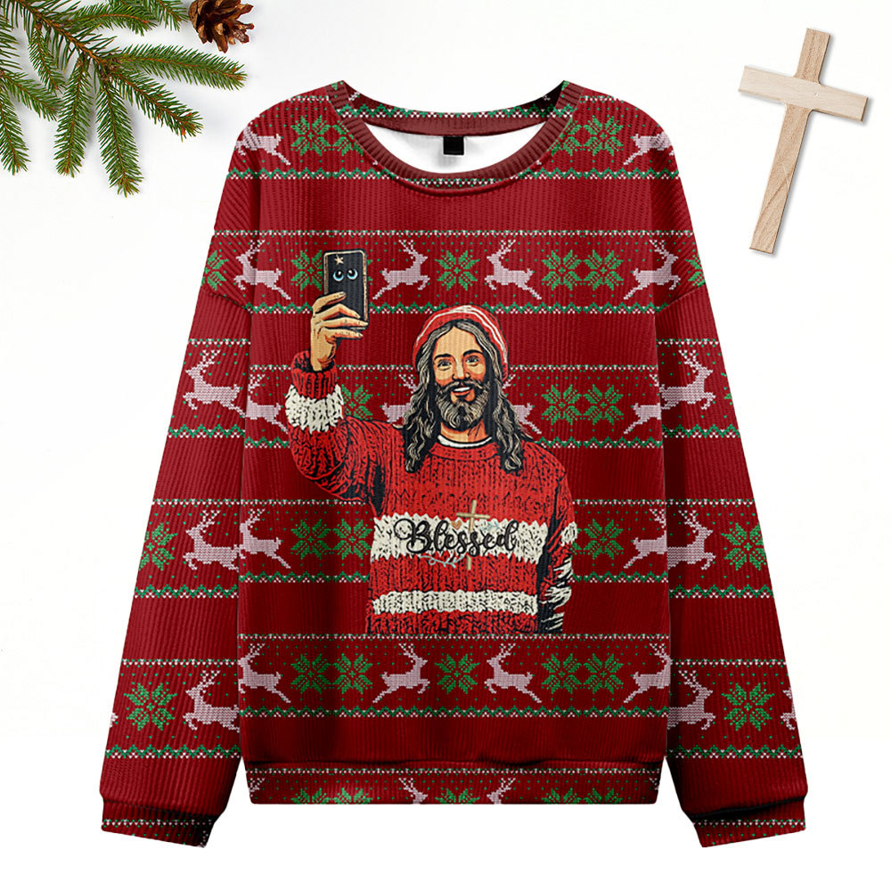 Jesus Selfie Ugly Sweater Design Christmas Christian Sweatshirt
