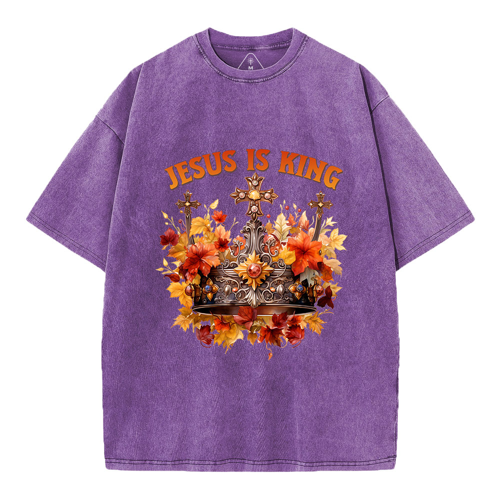 Jesus-Is-King-Autumn-Faith-Christian-Washed-T-Shirt-Purple+