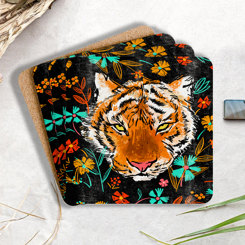 Tiger In FLower Christian Wooden Printed Coasters 