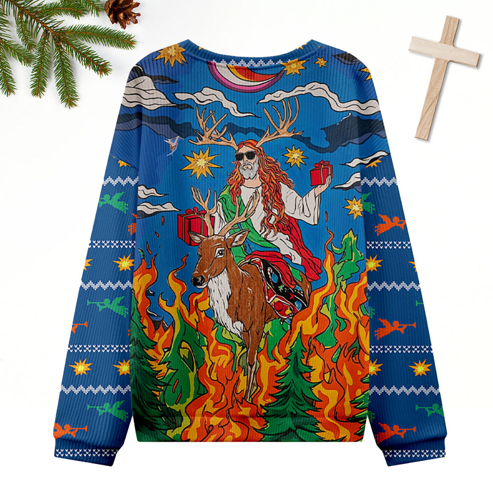 Jesus Riding A Reindeer Ugly Sweater Design Christmas Christian Sweatshirt