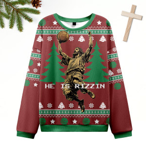 Image of He Is Rizzin Christian Ugly Christmas Sweatshirt