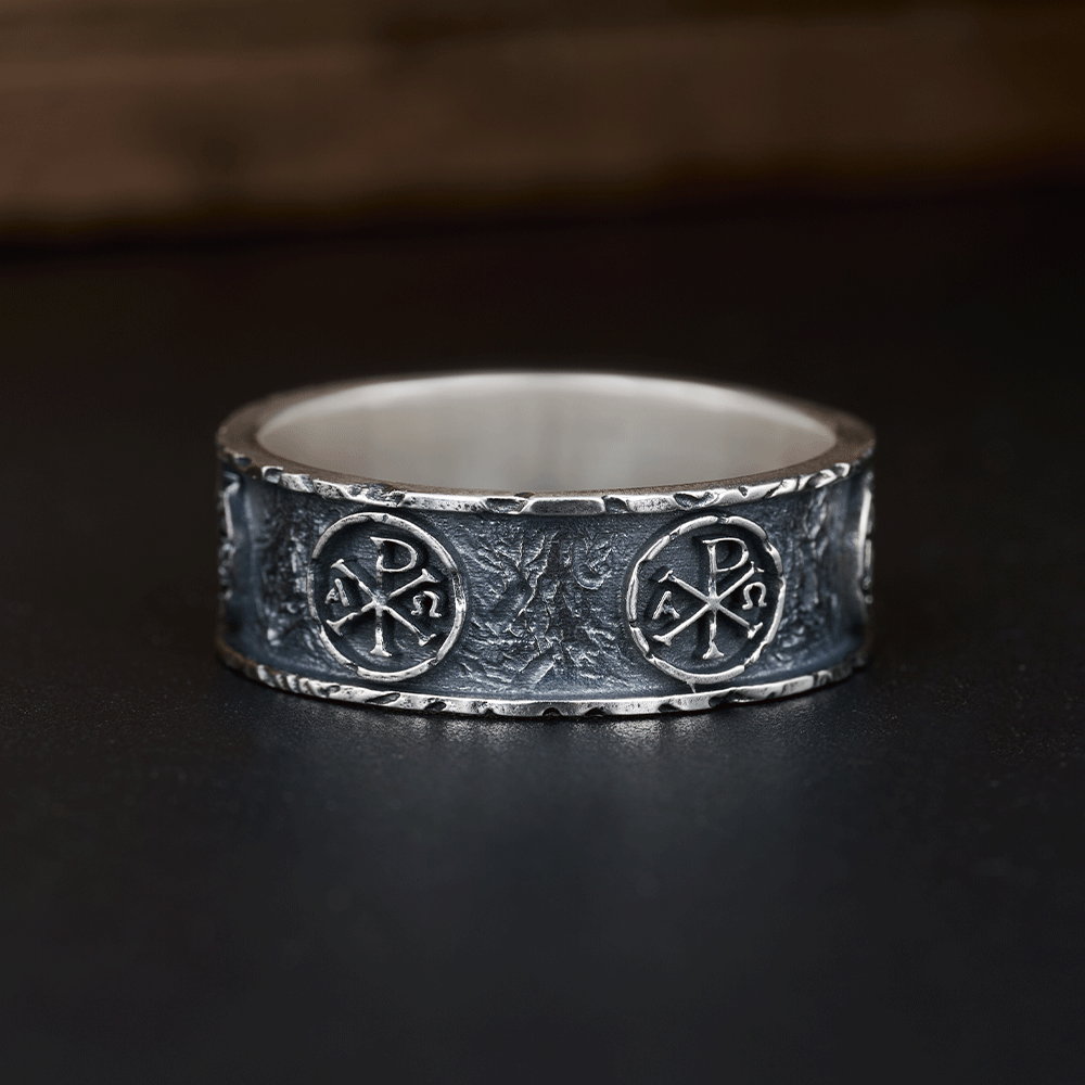 Chi Rho Alpha Omega Christian Sterling Silver Band Ring