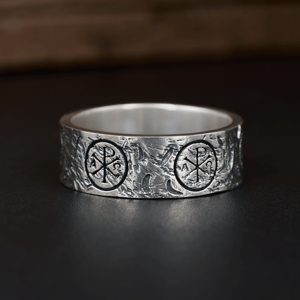 Chi Rho Alpha Omega Christian Sterling Silver Band Ring