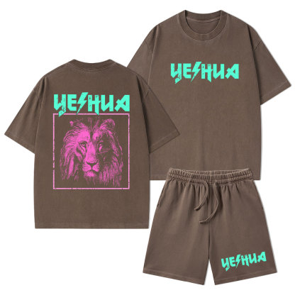 Retro Lion Yeshua Christian Washed T-Shirt & Shorts