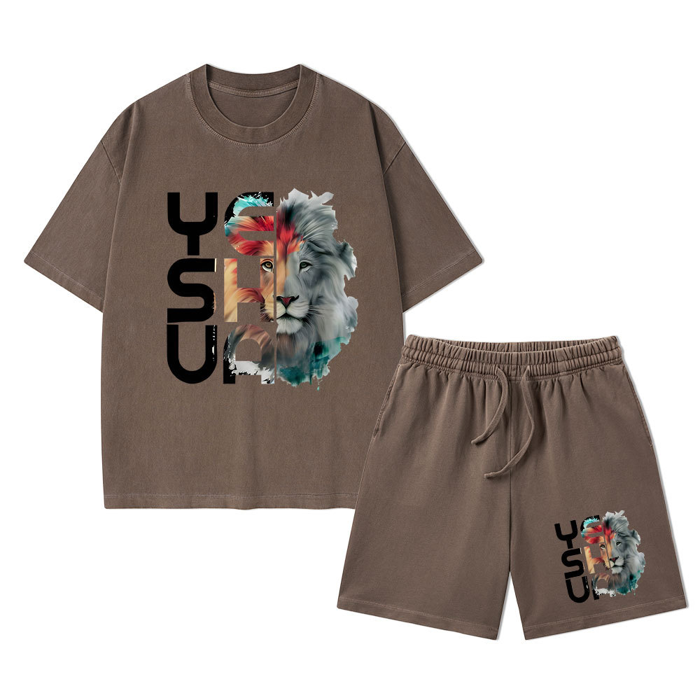Lion And Yeshua Christian Washed T-Shirt & Shorts