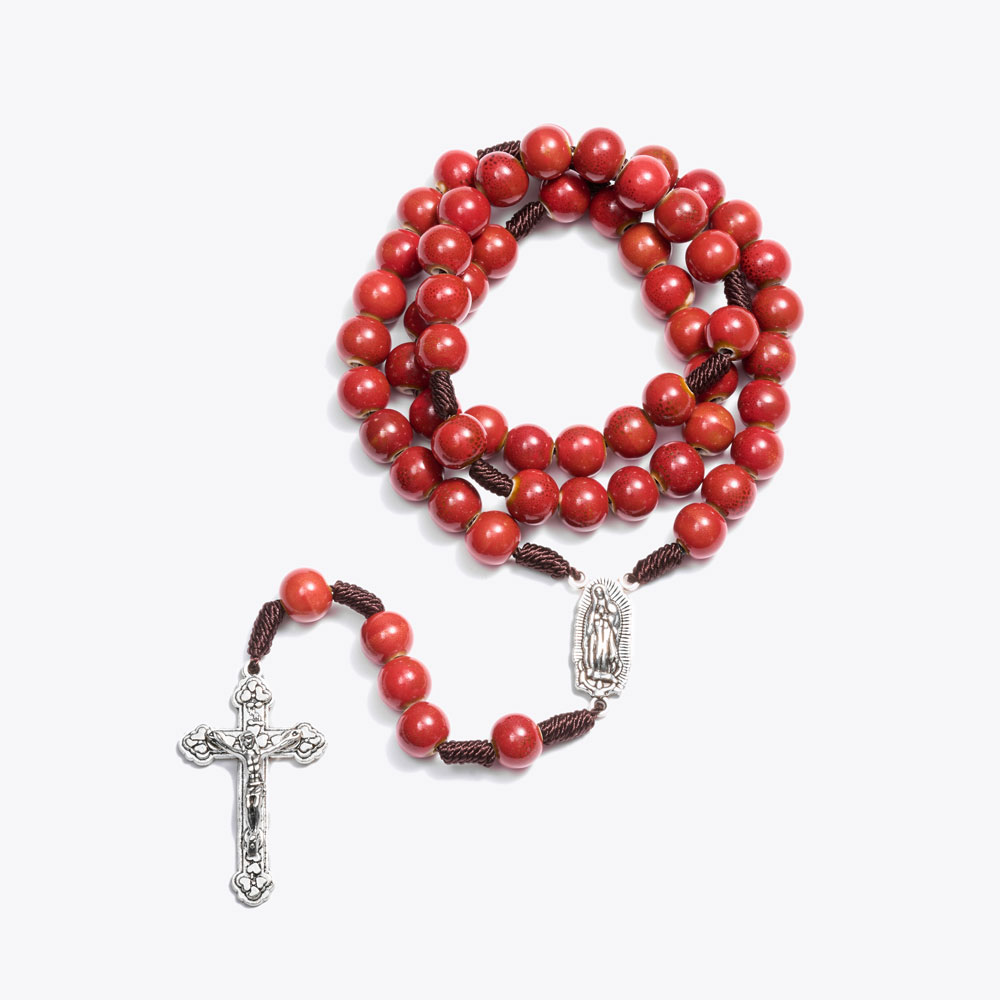 Vintage Red Ceramic Long Alloy Mary Pendant Rosary