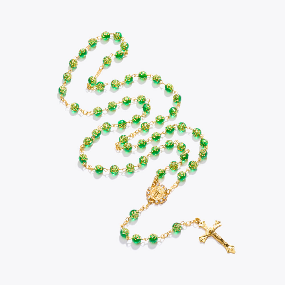 Multi-coloured foil-stamped rose bead rosary