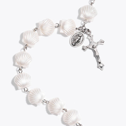 White Acrylic Shell Cross Pendant on a Beaded Chain