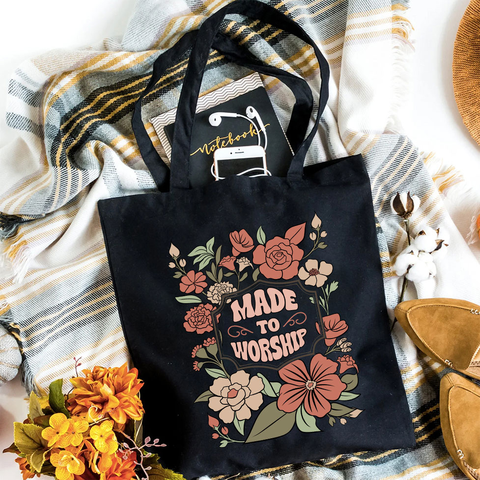 Made To Worship Retro Floral Christian Canvas Tote Bag