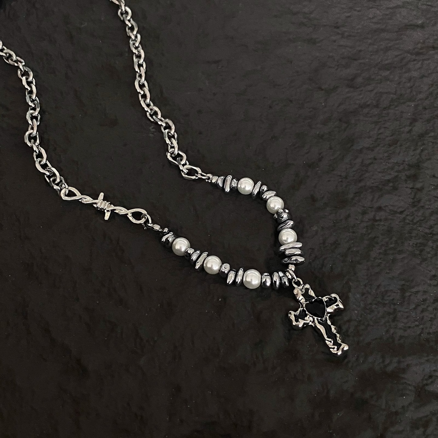 Pearl Shaped Stone Patchwork Heart Cross Christian Necklace
