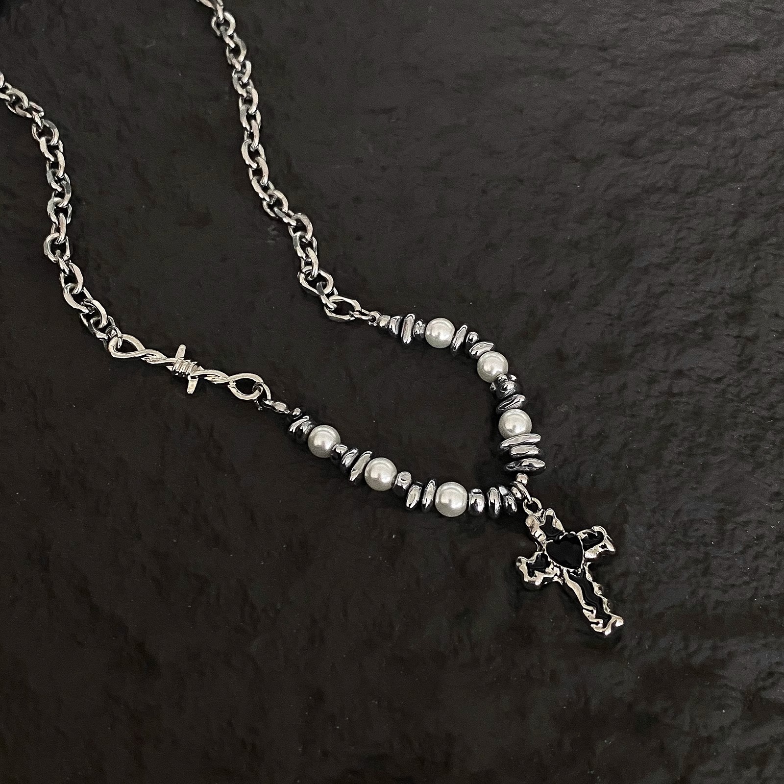 Pearl Shaped Stone Patchwork Heart Cross Christian Necklace