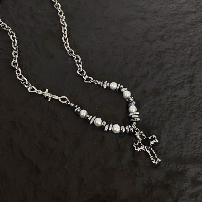 Pearl Shaped Stone Patchwork Heart Cross Christian Necklace