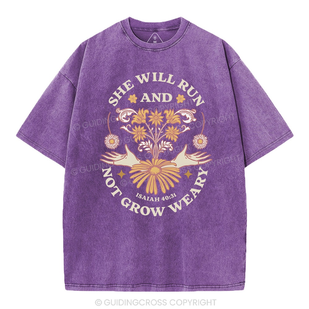 She Will Run And Not Grow Weary Christian Washed T-Shirt