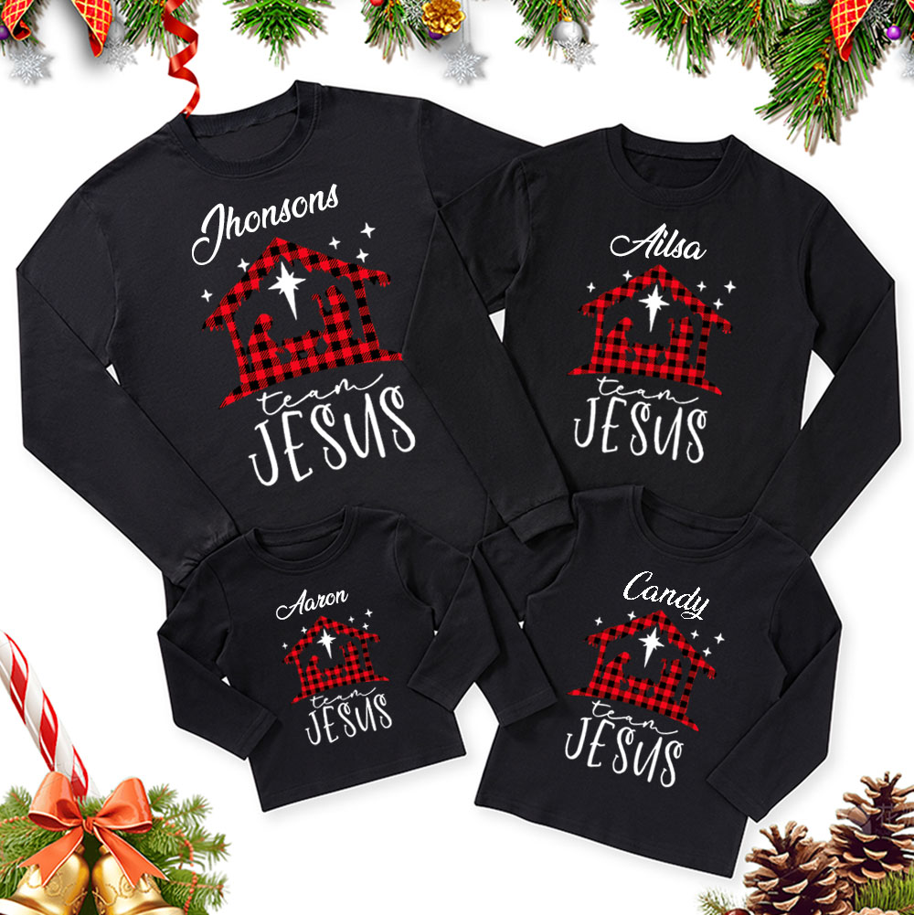 Personalized Buffalo Plaid Nativity Christmas Family Matching Long Sleeve T-Shirt