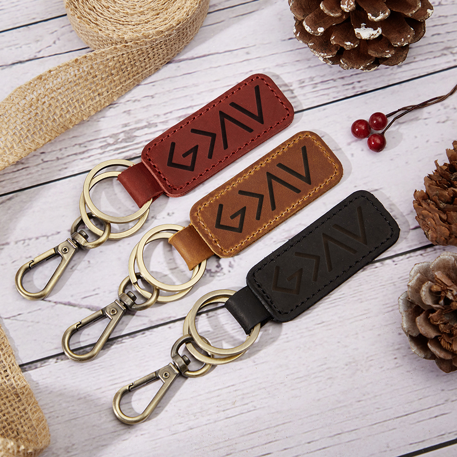Crazy Horse Leather Double Ring Keychain