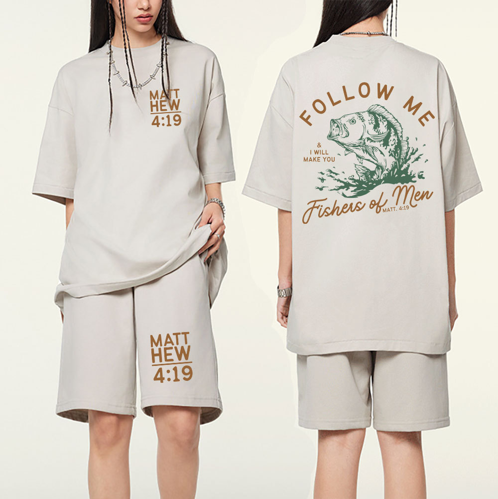 Follow Me I Will Make You Fishers Of Men' Christian Washed T-Shirt & Shorts