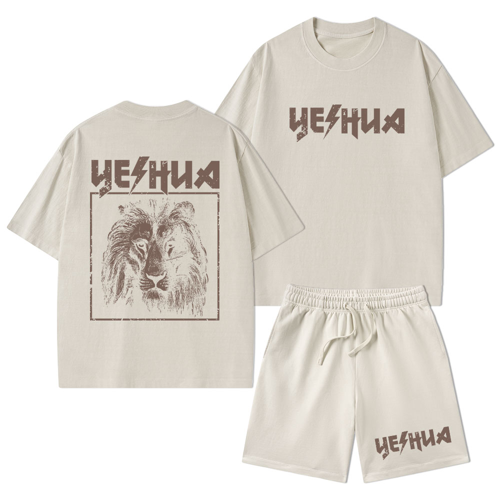Retro Lion Yeshua Christian Washed T-Shirt & Shorts