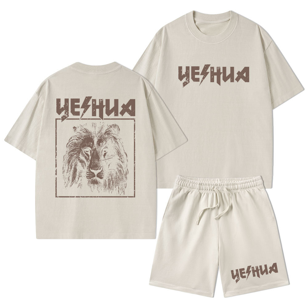 Retro Lion Yeshua Christian Washed T-Shirt & Shorts