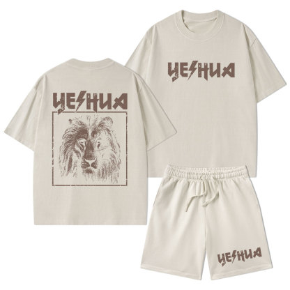 Retro Lion Yeshua Christian Washed T-Shirt & Shorts