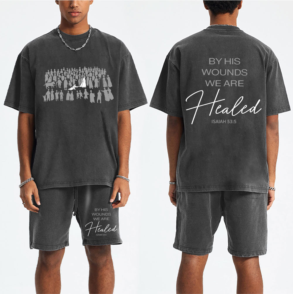 By His Wounds Christian Washed T-Shirt & Shorts