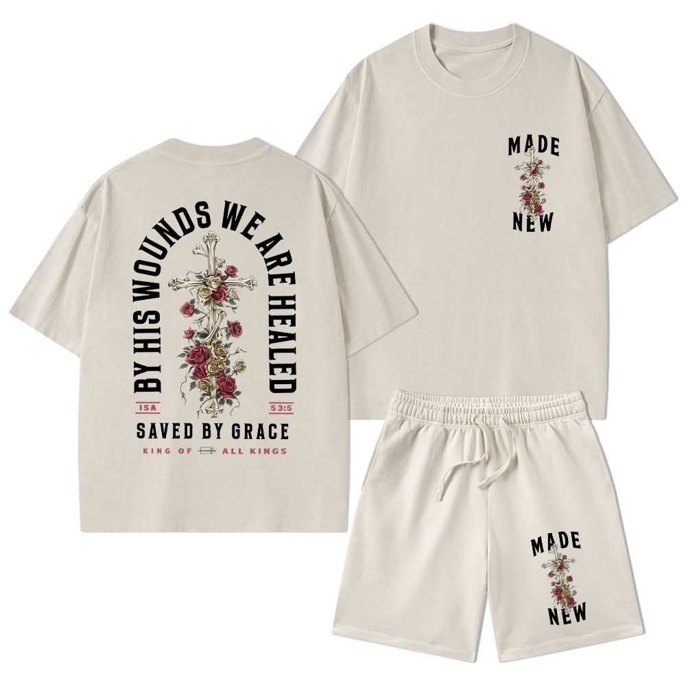 By His Wounds We Are Healed Christian Washed T-Shirt & Shorts