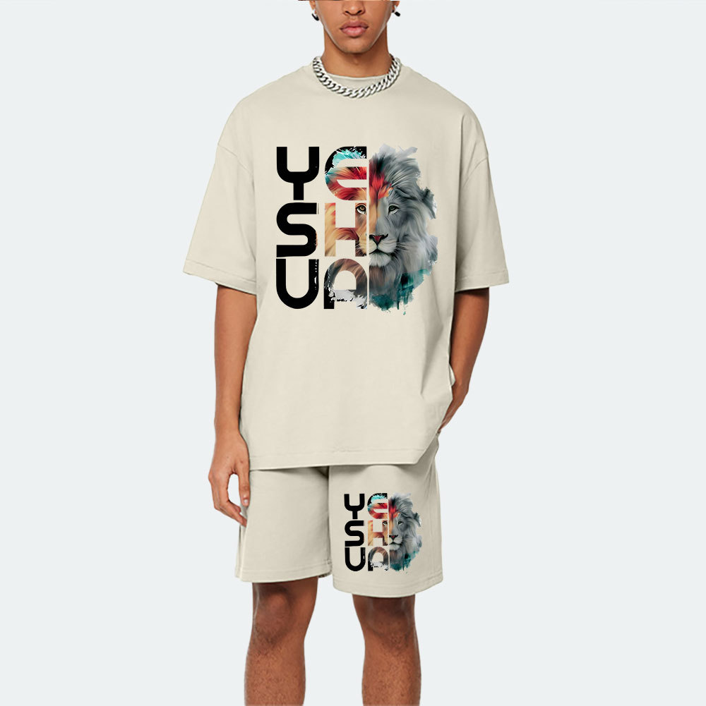 Lion And Yeshua Christian Washed T-Shirt & Shorts