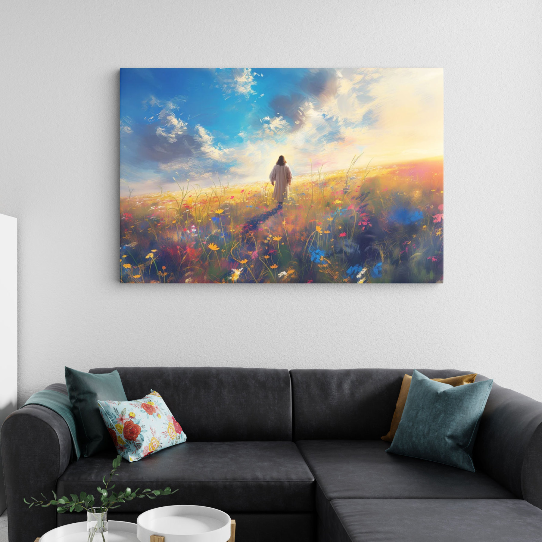 Jesus In A Field Of Flowers Christian Canvas Wall Art