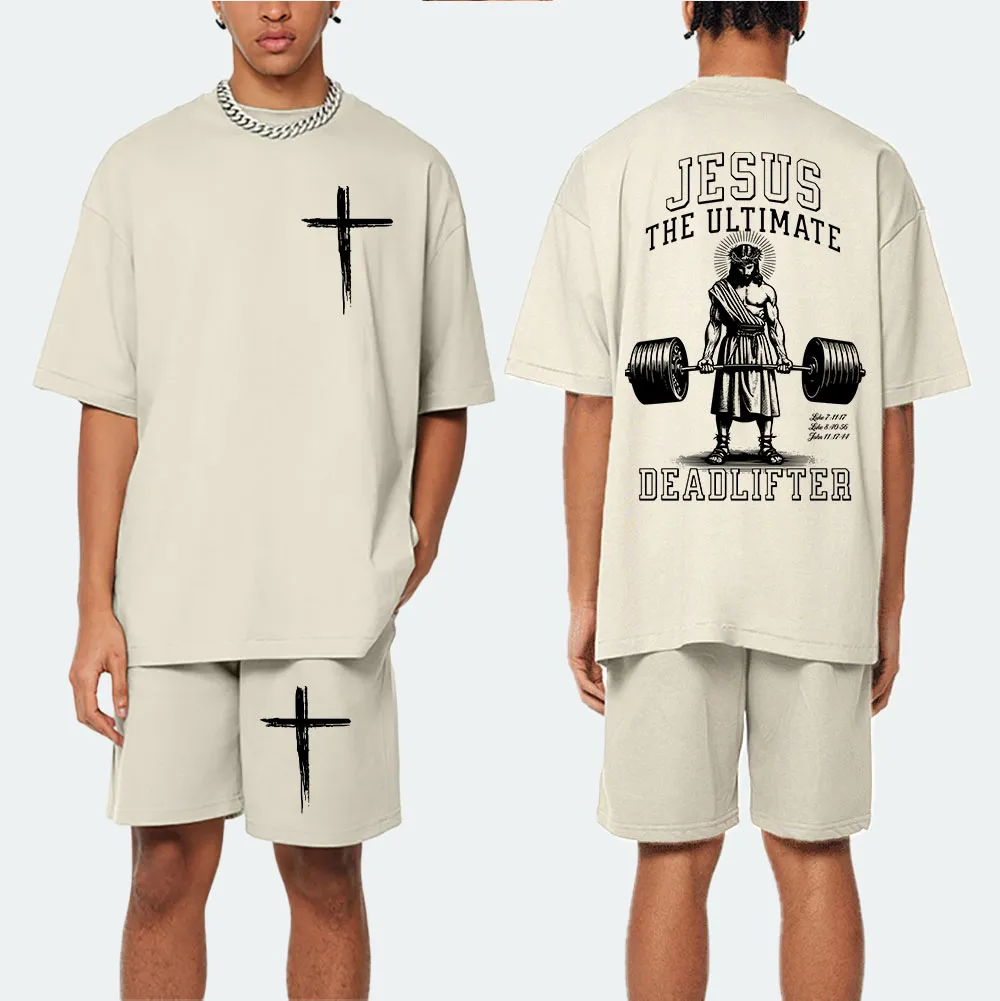Jesus The Ultimate Deadlifter Christian Washed T-Shirt & Shorts