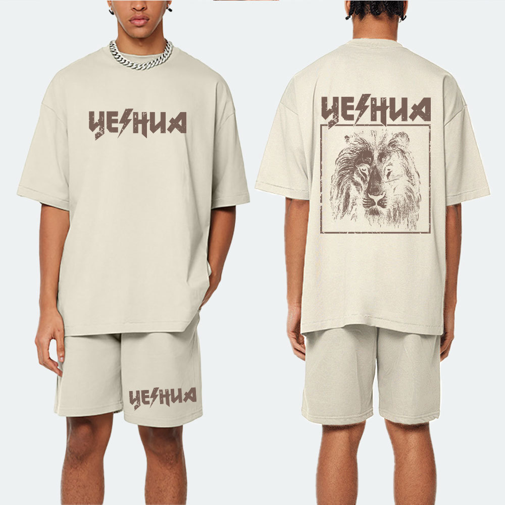 Retro Lion Yeshua Christian Washed T-Shirt & Shorts
