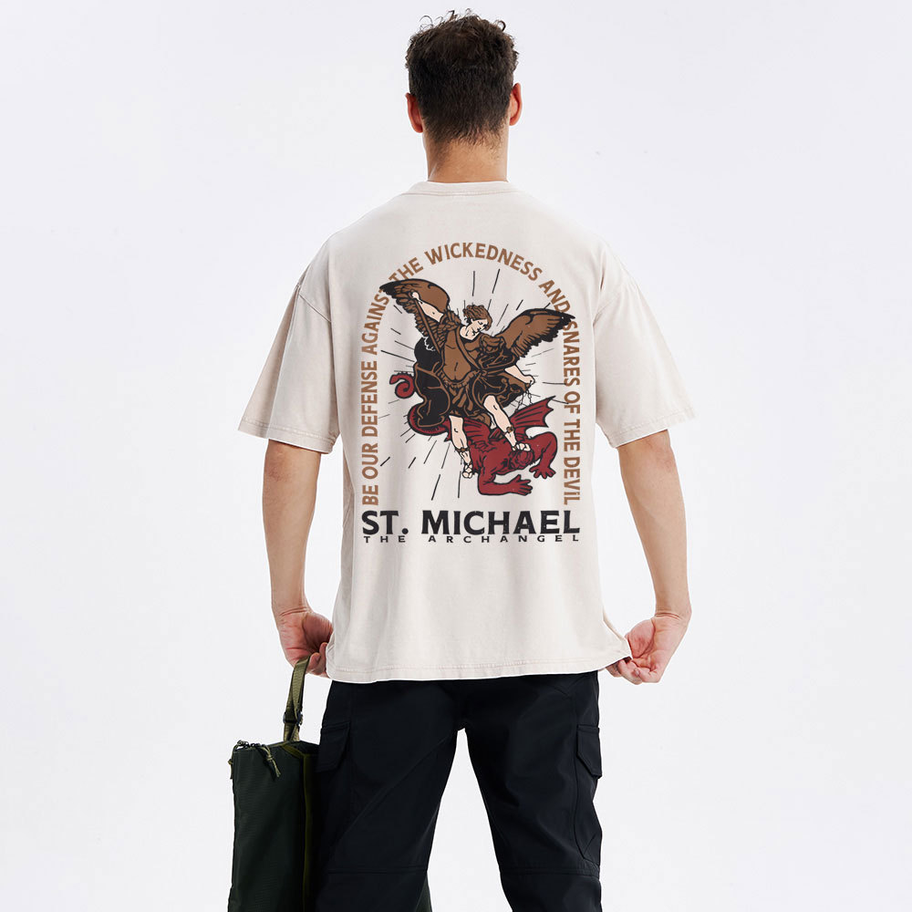 New ST Michael The Archangel Christian Washed T-Shirt